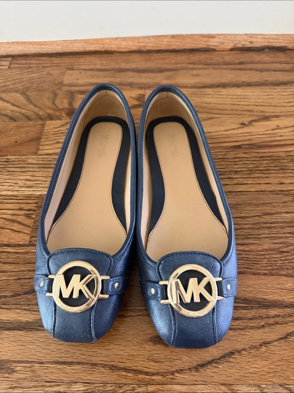MICHAEL Michael Kors Navy Leather MK Logo Round-Toe Flats
